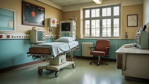 Empty hospital exam room with bed and medical equipment, cardiovascular diseases topic