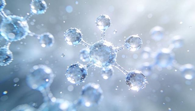 Glowing molecular network shimmering with glassy spheres and thin bonds in liquid light