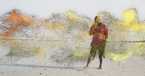 Innovative Technology Concept with Swirling Particles on Beach
