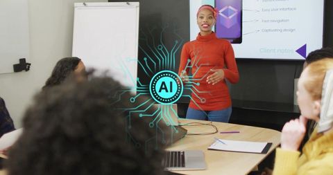 Confident businesswoman leading ai presentation in tech meeting