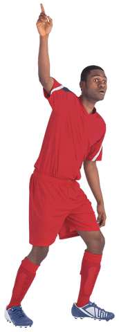 Football player in red kit joyfully celebrating with raised hand transparent