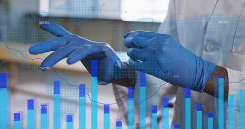 Lab Technician Wearing Gloves with Digital Data Overlay