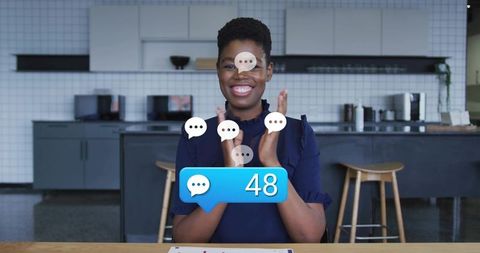 Smiling presenter applauding with social media notification bubble showing 48 messages