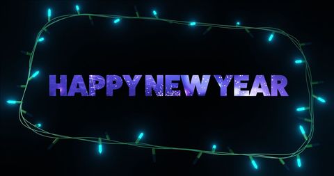 Colorful 'Happy New Year' text with surrounding fairy lights creates festive atmosphere. Perfect for holiday greetings, celebration invitations, event promotions, and social media posts. Versatile for creating New Year's banners, cards, and digital content.