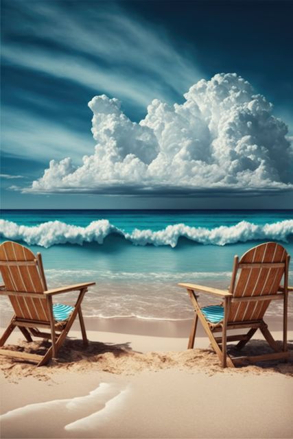 Tropical Beach with Empty Chairs Facing Ocean Waves and Cloudy Sky - Download Free Stock Images Pikwizard.com