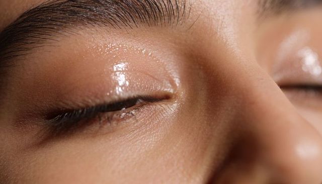 Glossy moisturized eyelid macro showing adult woman skin texture, pores, brow detail
