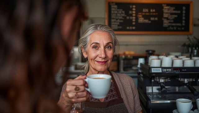 Senior barista enjoying work at cozy cafe counter with coffee cup