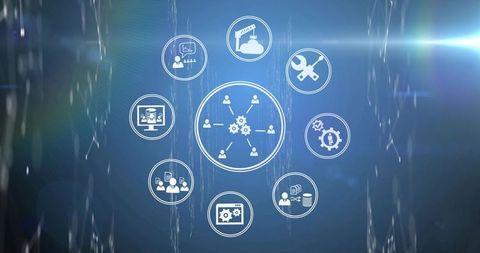 Centralized Network Hub Connecting User Nodes with Tech Icons on Blue Digital Backdrop