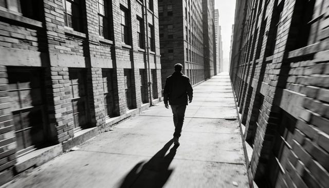 Solitary man walking down narrow urban alley with strong shadows and dramatic perspective