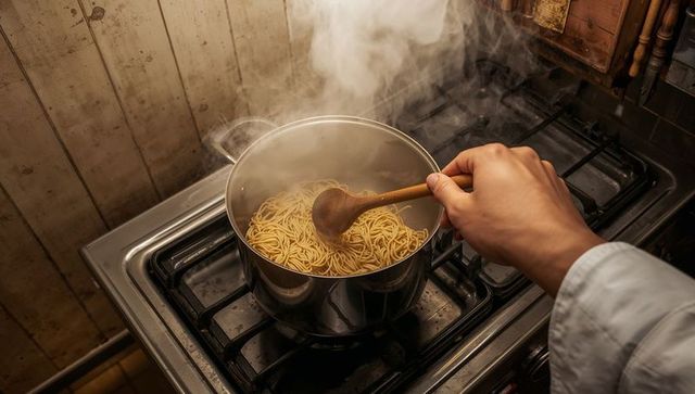 Chef Stirring Pasta in Steaming Pot on Rustic Kitchen Stove