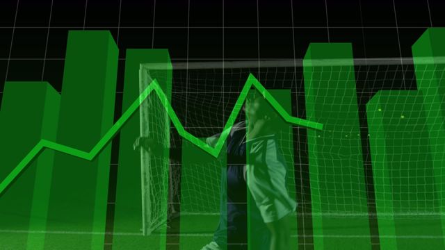 Soccer player at a stadium with an animated financial graph overlay. Useful for illustrating the intersection of sports and finance, performance analysis, professional athlete metrics, and the impact of economy on sports. Ideal for articles or content related to sports finance, data analytics in sports, or intersections of finance and athletics.