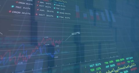 Transparent Screen Displaying Financial Market Trends in Corporate Setting