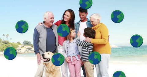 Multigenerational Family Enjoying Beach Time with Virtual Earth Globes