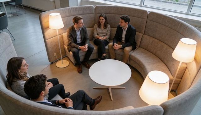 Business team meeting in curved high-backed lounge booth collaborating in open office