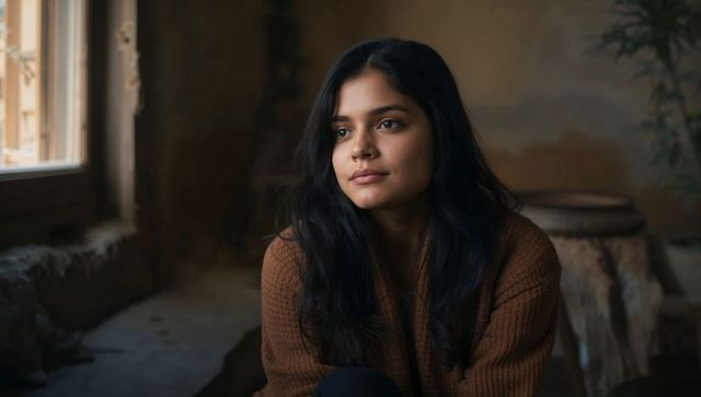 Thoughtful woman gazing toward window in rustic interior, natural light and cozy sweater
