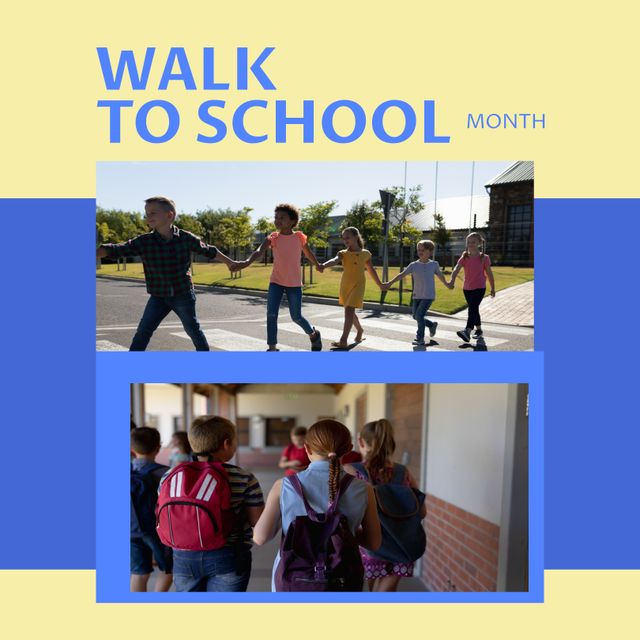 Students of diverse backgrounds walk together holding hands to school, highlighting the importance of community and safety. Promotes Walk to School Month focusing on healthy habits, socializing, and independence. Useful for educational campaigns, community safety initiatives, and active transportation promotions.