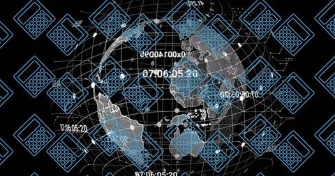 Futuristic global digital data visualization with calculators
