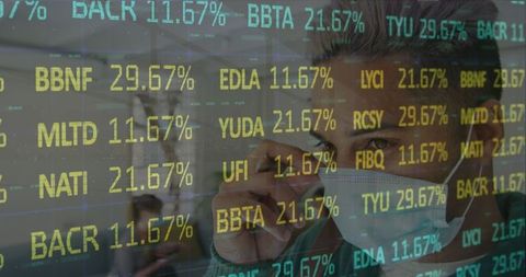 Masked Professional Analyzing Futuristic Stock Market Ticker Display