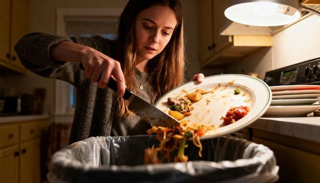 Woman scraping leftovers into trash can while cleaning kitchen countertop at night