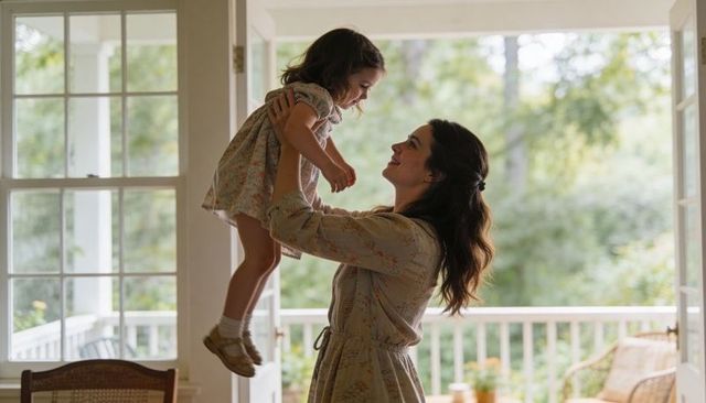 Mother lifting daughter through open doors on sunlit porch wearing matching floral dresses
