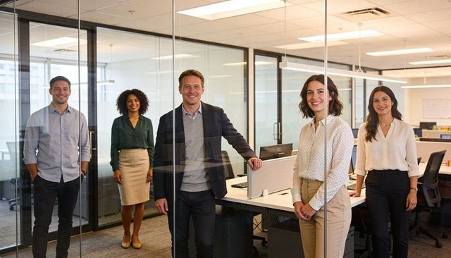 Smiling professional team standing in modern glass office, open-plan corporate workplace