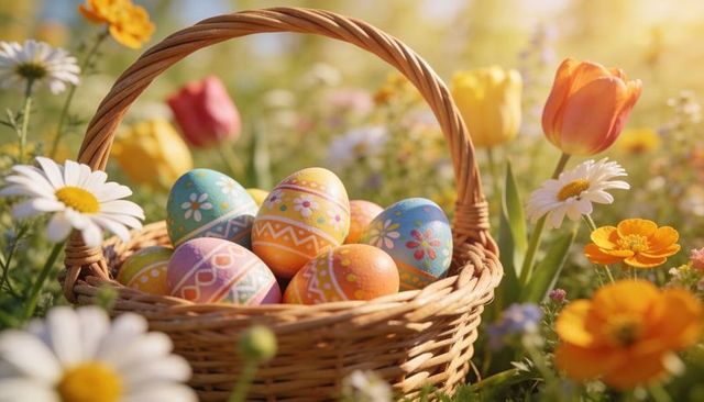 Wicker basket holding painted easter eggs in sunlit spring meadow with daisies and tulips