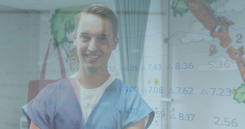 Smiling Medical Worker with Stock Market Graphics Overlay