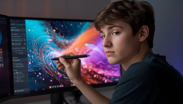 Teenage artist creating digital art in modern home studio