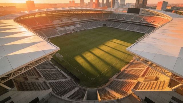 Sunset aerial view empty soccer stadium bowl casting long shadows over green pitch