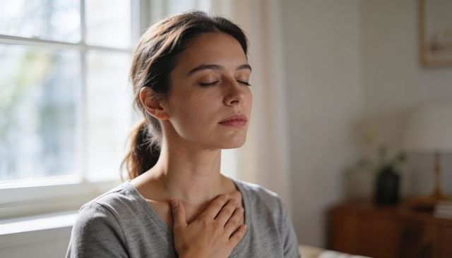 Woman practicing mindful breathing by large paned window in sunlit bedroom for calm