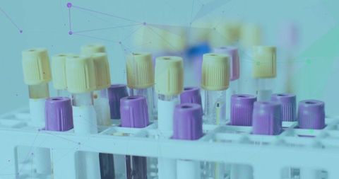 Close-up laboratory test tubes with digital interface overlay