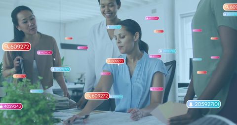 Diverse Female Team Collaborating in Modern Office with Digital Overlays