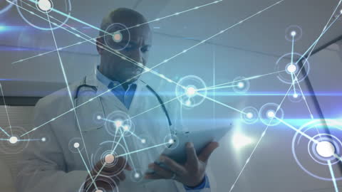 Doctor Using Tablet with Futuristic Network Interface