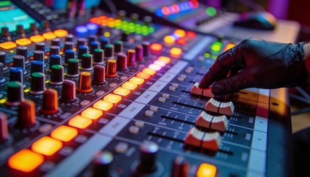 Gloved hand adjusting mixer fader on colorful led audio console for live sound mixing