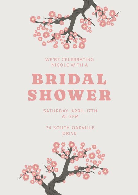 This elegant bridal shower invitation features pink blossom branches on a white background, with stylish pink text announcing the bridal shower details. Ideal for spring wedding celebrations, feminine and floral themed events, or any bridal shower requiring a sophisticated and pretty invitation design.