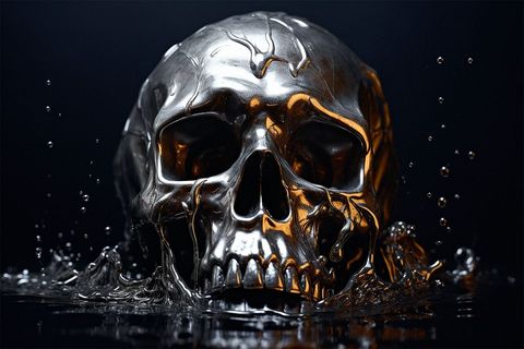 Chrome skull emerging from liquid surface in dramatic lighting
