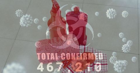 Cleaning tools with biohazard warning symbol and virus overlay