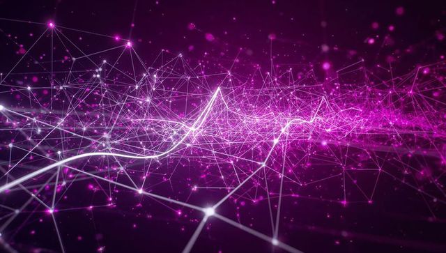 Glowing magenta waveform through futuristic digital network mesh with luminous nodes