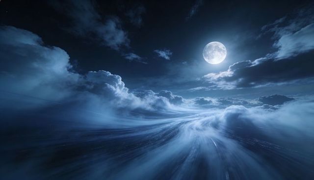 Moonlit Cloud Highway Sweeping Toward Horizon Under Full Moon Halo, Ethereal Night Dreamscape