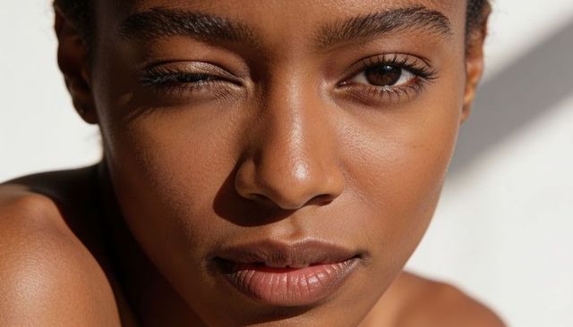 Winking black woman closeup beauty portrait showing natural skin texture and stud earring