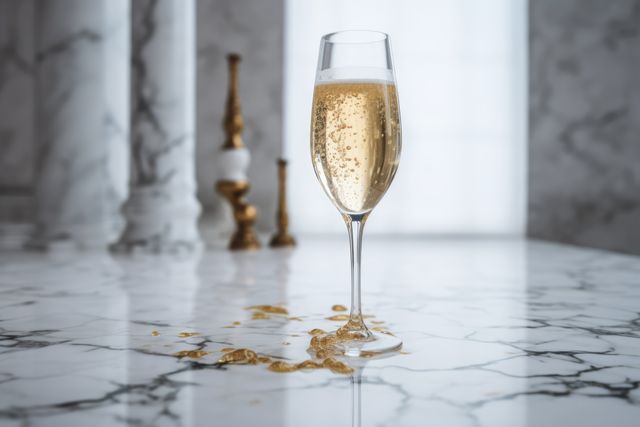 Close-up of Sparkling Wine Glass with Spilled Champagne on Marble Surface - Download Free Stock Images Pikwizard.com