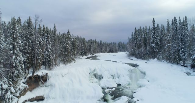 A breathtaking aerial view of a snow-covered river and a frozen waterfall surrounded by a dense winter forest. Ideal for use in travel and nature magazines, environmental awareness campaigns, or as a serene winter landscape backdrop. Perfect for illustrating the beauty of Nordic or alpine regions in winter.