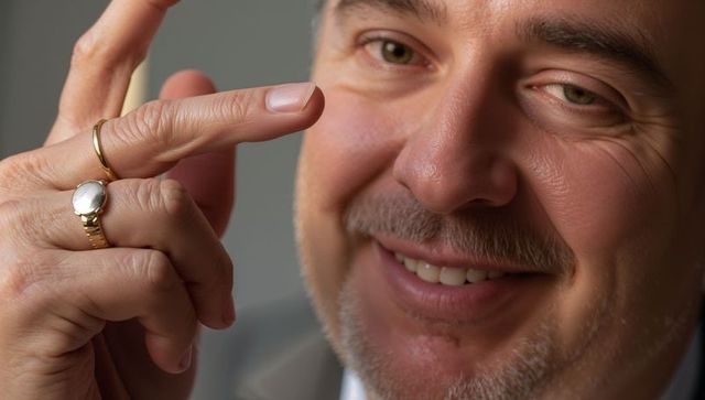 Smiling middle-aged man displaying gold watch and rings close-up warm business portrait