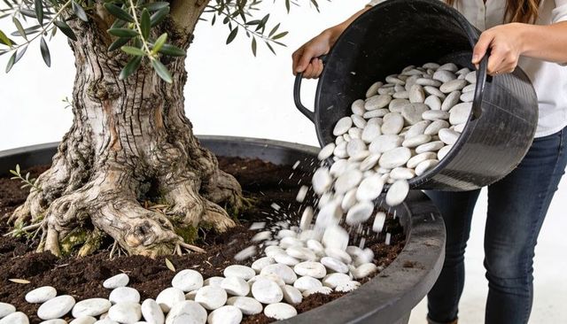 Gardener pouring white river pebbles around mature olive tree in large container garden