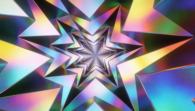 Iridescent star tunnel rotating metallic kaleidoscope triangular symmetry gradient facets