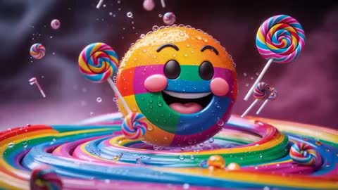 Colorful Candyscape with Rotating Rainbow Sphere and Lollipops