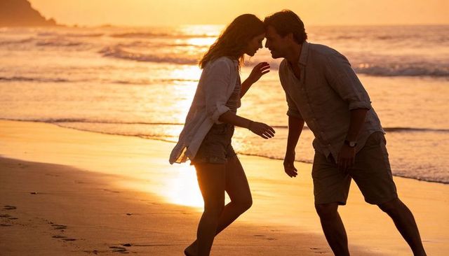 Couple leaning foreheads together while walking along golden beach at sunset