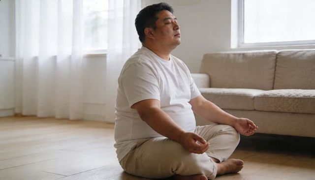 Meditating man sitting cross-legged on hardwood floor in serene minimalist living room