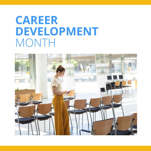 Image of career development month over caucasian woman in office. Business, work, career and develop concept.
