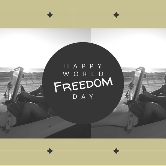 Digital composite image of friends in jeep with happy world freedom day text, copy space. Celebration, victory over communism, holiday, freedom, enjoyment, transportation.